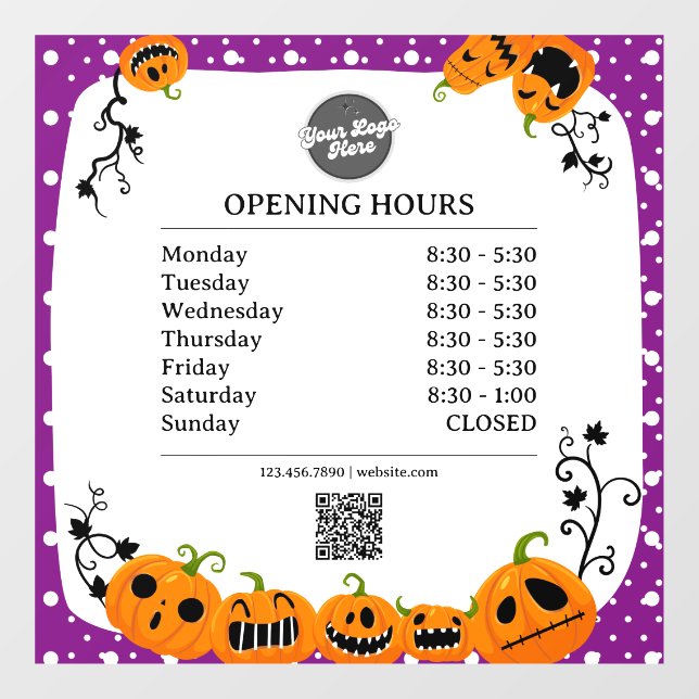 Opening Times | Business Logo Opening Halloween Window Cling (Sheet)