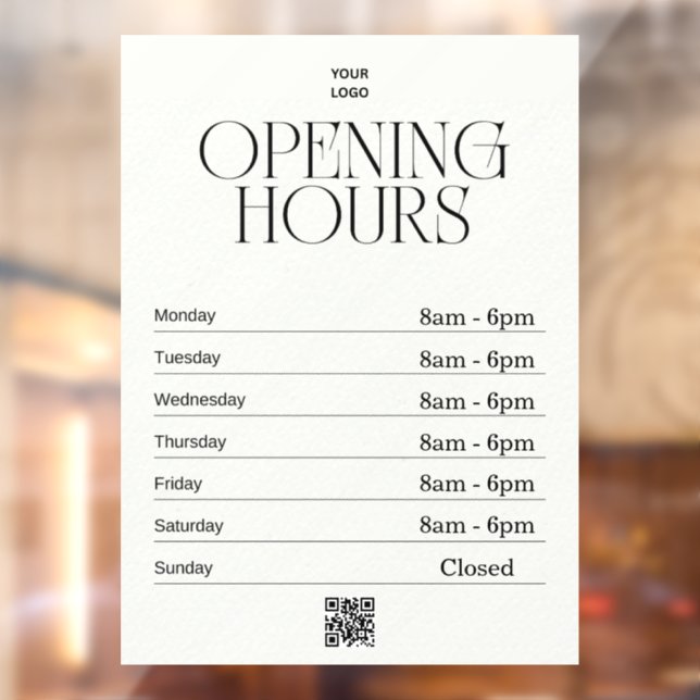 Opening Times | Business Logo Opening Hours | QR Window Cling (Sheet 2)
