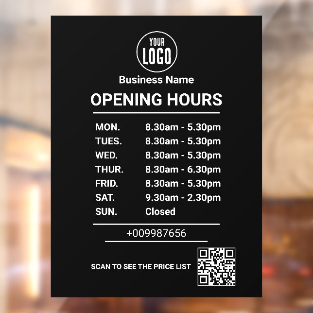 Opening Times | Business Logo Opening Hours Window Cling (Sheet 2)