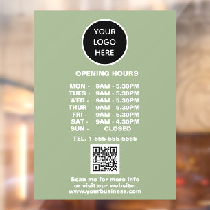 Opening times Sage Green Business Logo QR Code Window Cling