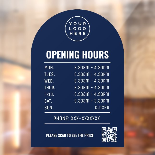 Opening Times With Qr Code Logo And Navy Blue Arch Window Cling (Sheet 2)