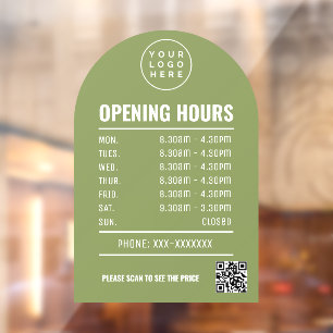 Opening Times With Qr Code Logo Sage Green Arch Window Cling