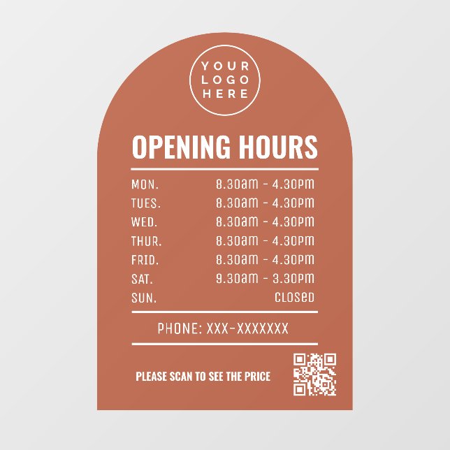 Opening Times With Qr Code Logo Terracotta Arch Window Cling (Sheet)