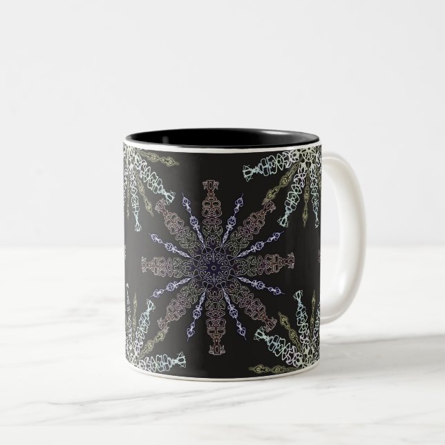 Openwork snowflakes on dark. Two-Tone coffee mug (Front Right)
