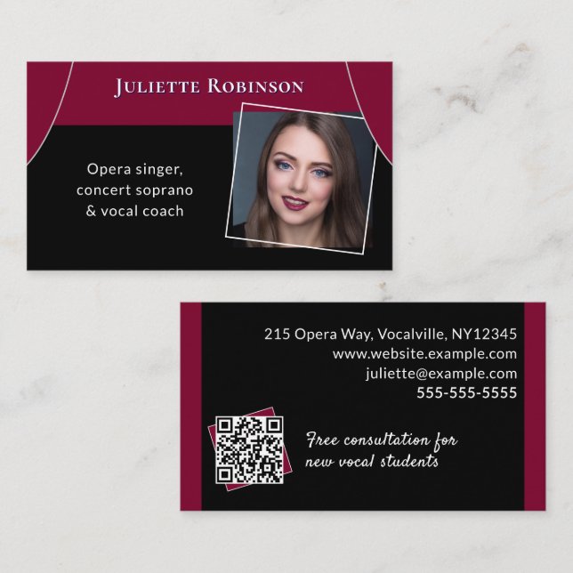 Opera Singer Singing Tutor QR Code Black Dark Red Business Card (Front/Back)