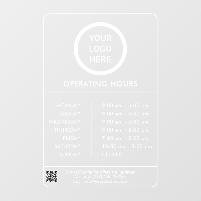 Operating Hours Business Logo QR Code Professional Window Cling (Sheet)