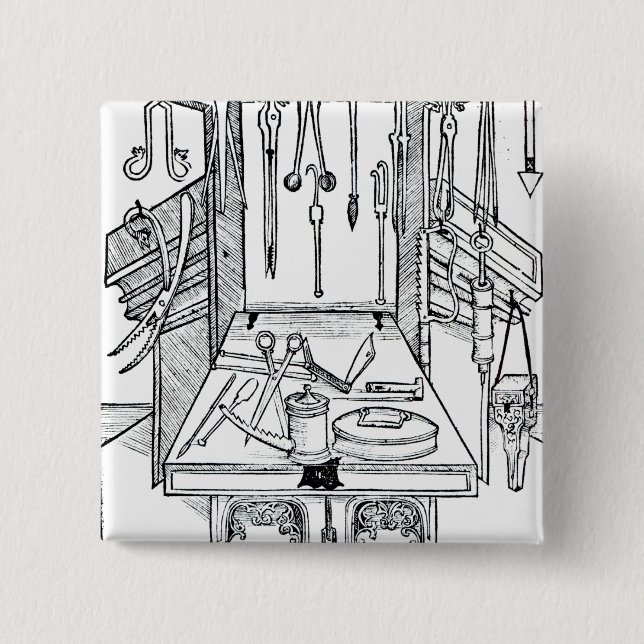 Operating table and surgical instruments, from 'Da 2 Inch Square Button (Front)