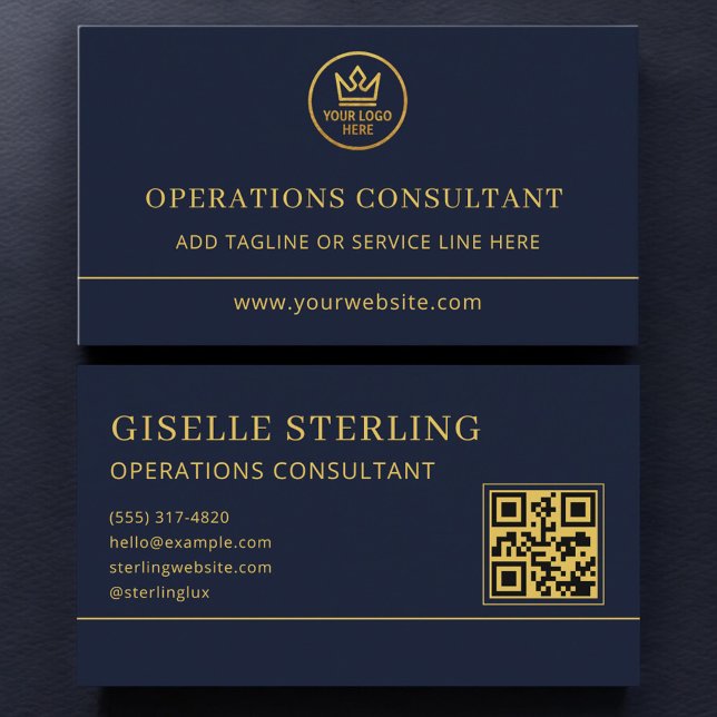 Operations Consultant Blue Gold Logo QR Code Business Card (Creator Uploaded)