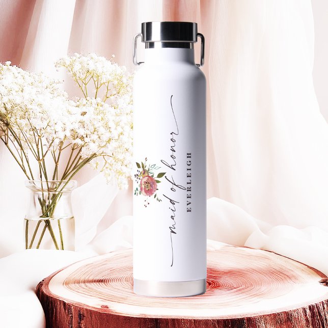 Ophelia Chic Dusty Pink Floral Maid of Honour Water Bottle (Say "I DO" to Romantic Watercolor Florals and a Cottagecore Vibe with the Ophelia Wedding Suite.)