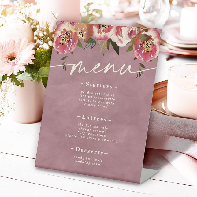 Ophelia Cottagecore Dusty Pink Floral Wedding Menu Pedestal Sign (Say "I DO" to Romantic Watercolor Florals and a Cottagecore Vibe with the Ophelia Wedding Suite.)
