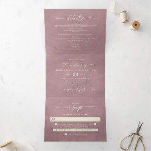 Ophelia Dusty Pink Cottagecore Floral Wedding Tri-Fold Invitation