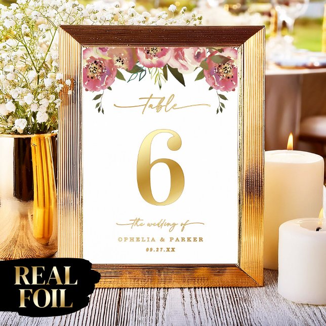 Ophelia Elegant Ral Gold Foil Wedding Table Number Foil Prints (Say "I DO" to Romantic Watercolor Florals and a Cottagecore Vibe with the Ophelia Wedding Suite.)