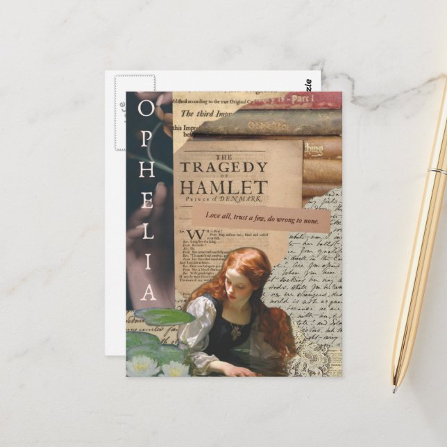 Ophelia Mixed Media Collage Torn Papers Postcard (Front/Back In Situ)