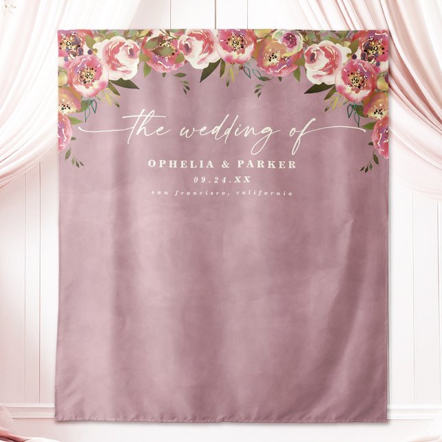 Ophelia Pink Wedding Welcome Photography Backdrop Tapestry (Say "I DO" to Romantic Watercolor Florals and a Cottagecore Vibe with the Ophelia Wedding Suite.)