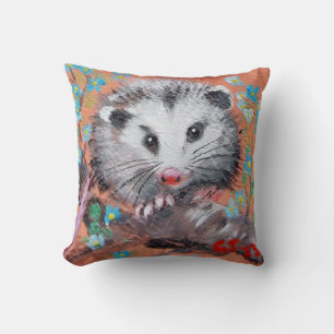 Opossum and Flowers Throw Pillows