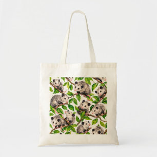 Opossum and Green Leaf Pattern Tote Bag