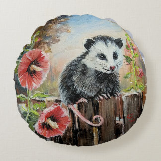Opossum and hollyhocks Round Throw Pillow