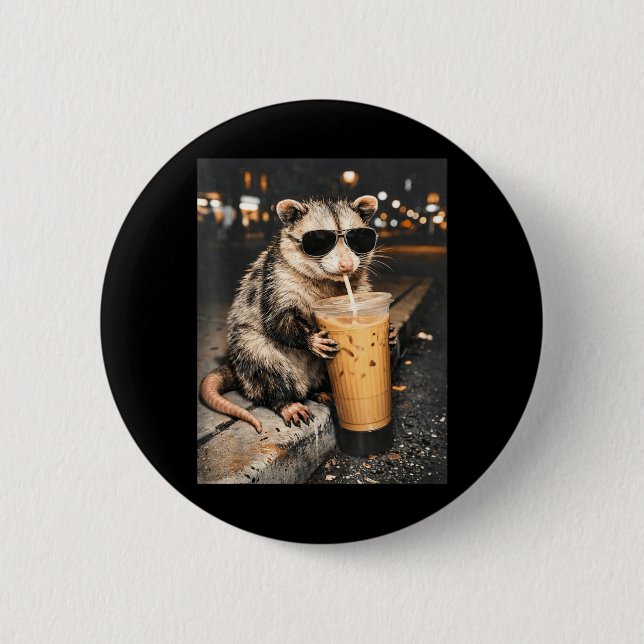 Opossum Drinking Iced Coffee Funny Animal Meme Men 2 Inch Round Button (Front)