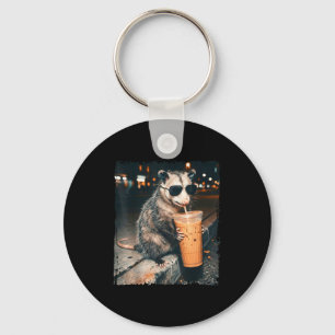 Opossum drinking iced coffee funny possum meme men keychain