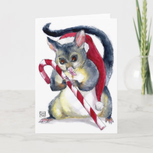 Opossum mignon de Père Noël avec la carte de Noël