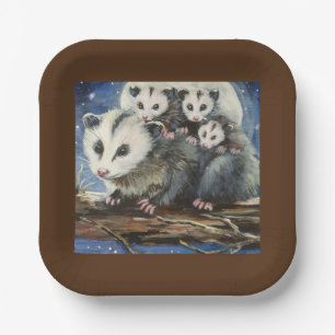 opossum mom and babies paper plates
