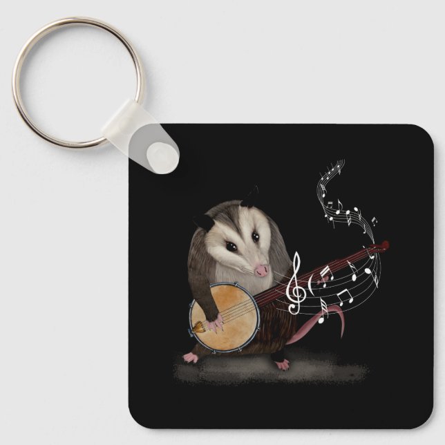 Opossum Playing Banjo Guitar Possum Live Weird Tra Keychain (Front)