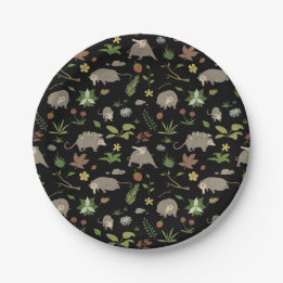 Opossums in a Berry Field in Black Paper Plate