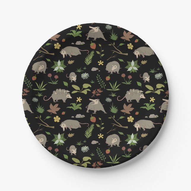 Opossums in a Berry Field in Black Paper Plate (Front)