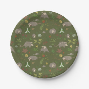 Opossums in a Berry Field in Green Paper Plate