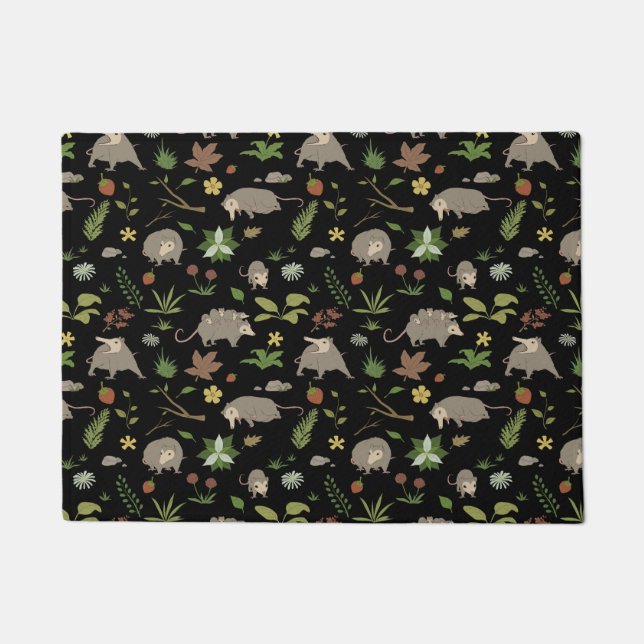 Opossums in a Berry Field Wildlife Pattern Black Doormat (Front)