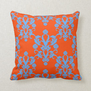 Opposites Attract Orange and Blue Damask Throw Pillow