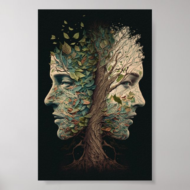 Optical Illusion Tree Faces With Leaves Blowing Poster (Front)
