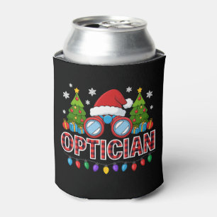 Optician Christmas Santa Hat Tree Lights Red Plaid Can Cooler