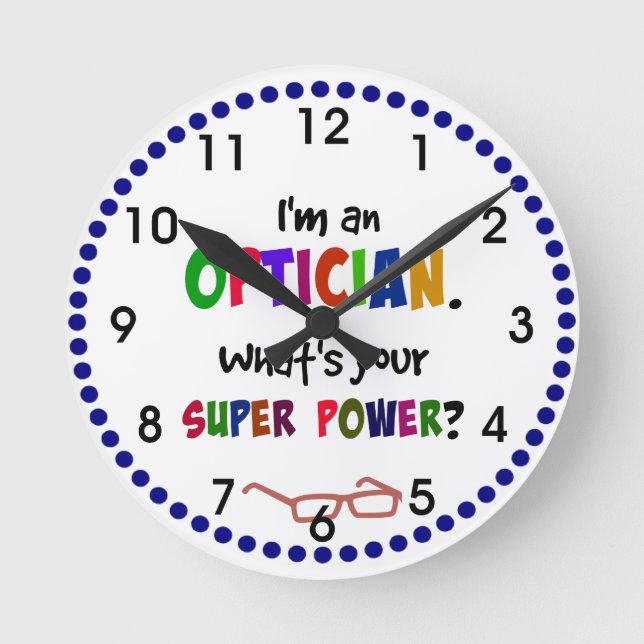 Optician humour, colourful design round clock (Front)