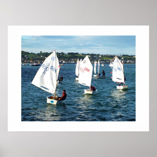 Optimist boats sailing to shore poster (Front)