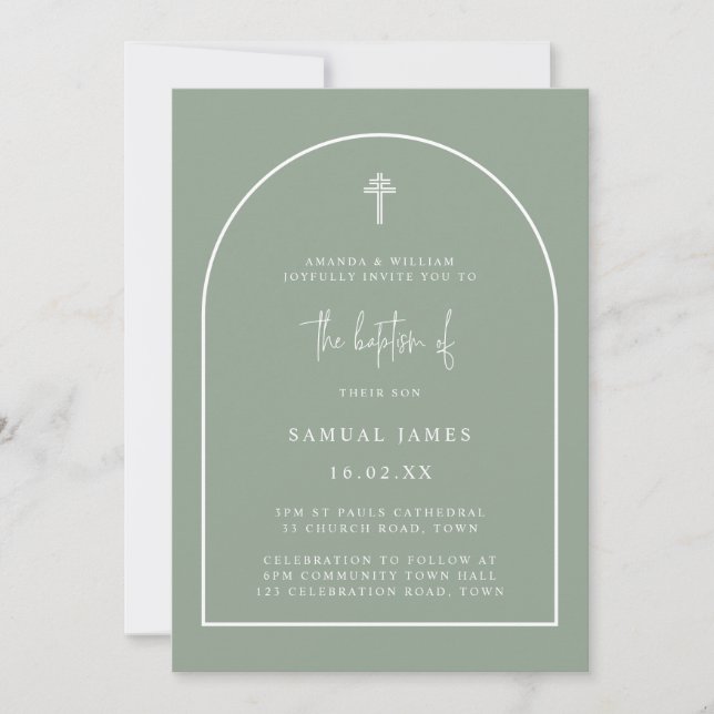 Option 1: Sage Green Arch Minimalist Baptism Invitation (Front)