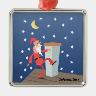 Optional "Add Text" Funny Santa on Roof Metal Ornament