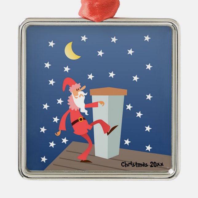Optional "Add Text" Funny Santa on Roof Metal Ornament (Front)