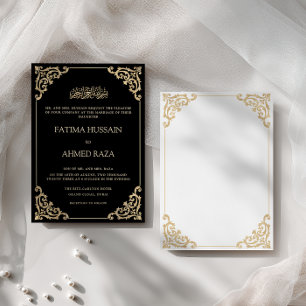 Opulent Antique Gold Frame Black Muslim Wedding Invitation