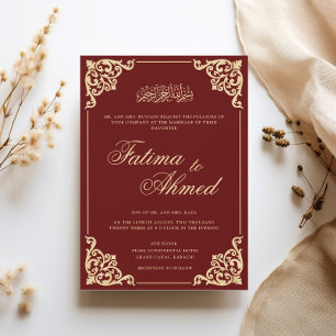 Opulent Baroque Gold Frame Burgundy Muslim Wedding Invitation