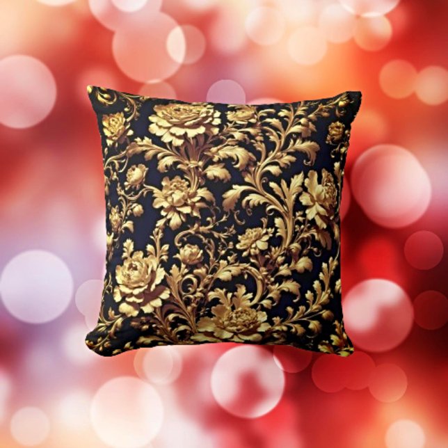Opulent Black and Gold Floral Baroque Throw Pillow (Creator Uploaded)