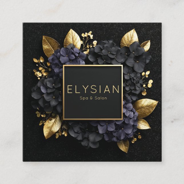 Opulent Black and Gold Floral Square Business Card (Front)