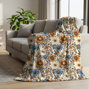 Opulent Blue Ivory Floral Boho Powder Blue Cozy Sherpa Blanket