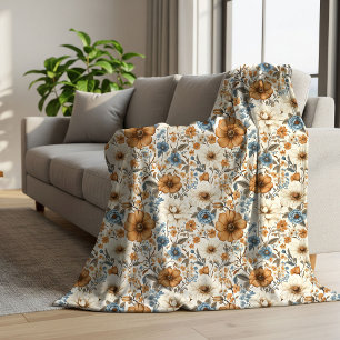 Opulent Blue Ivory Floral Boho Powder Blue Cozy Sherpa Blanket