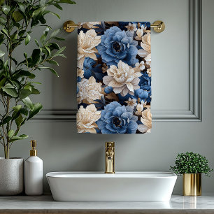 Opulent blue ivory floral elegant bathroom decor bath towel set