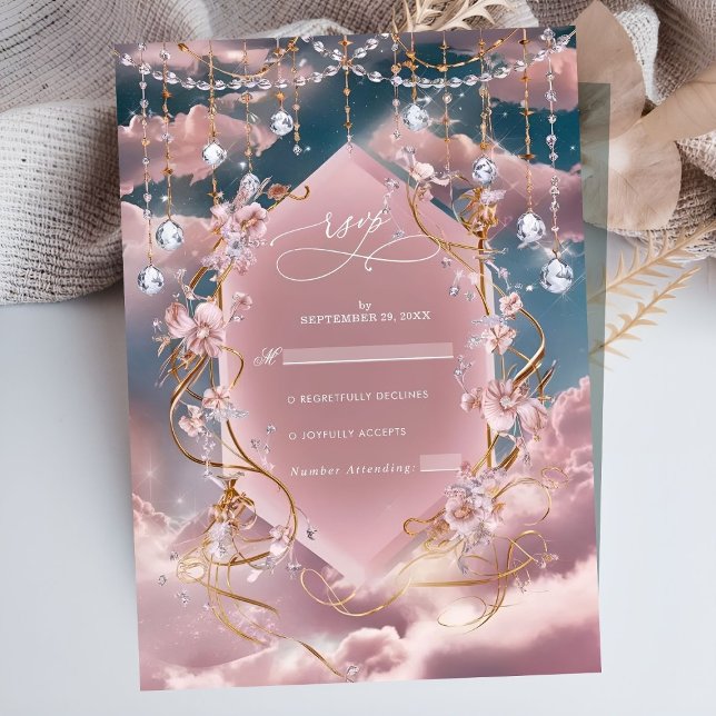 Opulent Blue Pink Clouds Calligraphy Wedding RSVP Card (Creator Uploaded)
