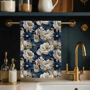 Opulent Blue White Ivory Floral Kitchen Towel 