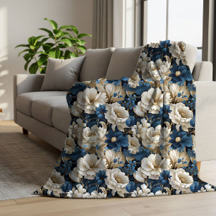 Opulent Blue White Ivory Floral Soft Sherpa Blanke Blanket