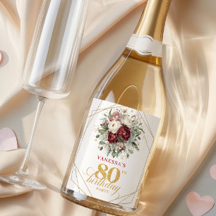 Opulent Blush Burgundy 80th Birthday Champagne Sparkling Wine Label