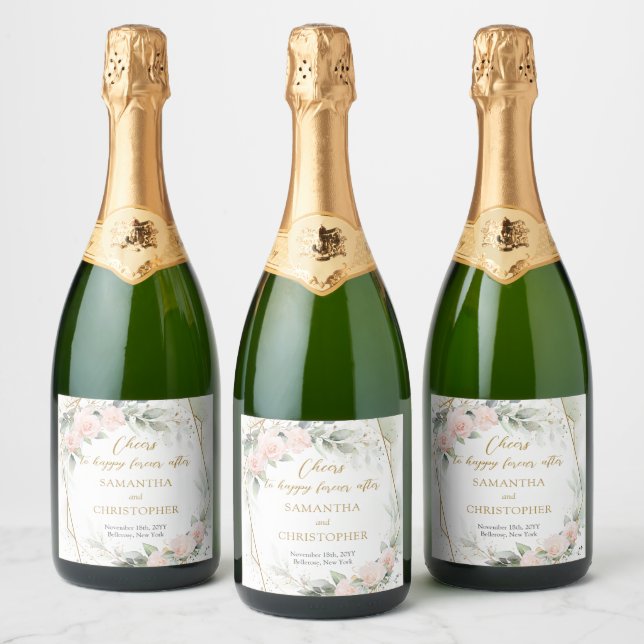 Opulent blush roses eucalyptus and gold wedding sparkling wine label (Bottles)